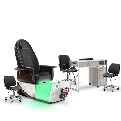 Noir-pr-White Moonstone-Hazel Lexor PRIVÉ ONE Pedicure Chair and Matching PRIVÉ Nail Table Set