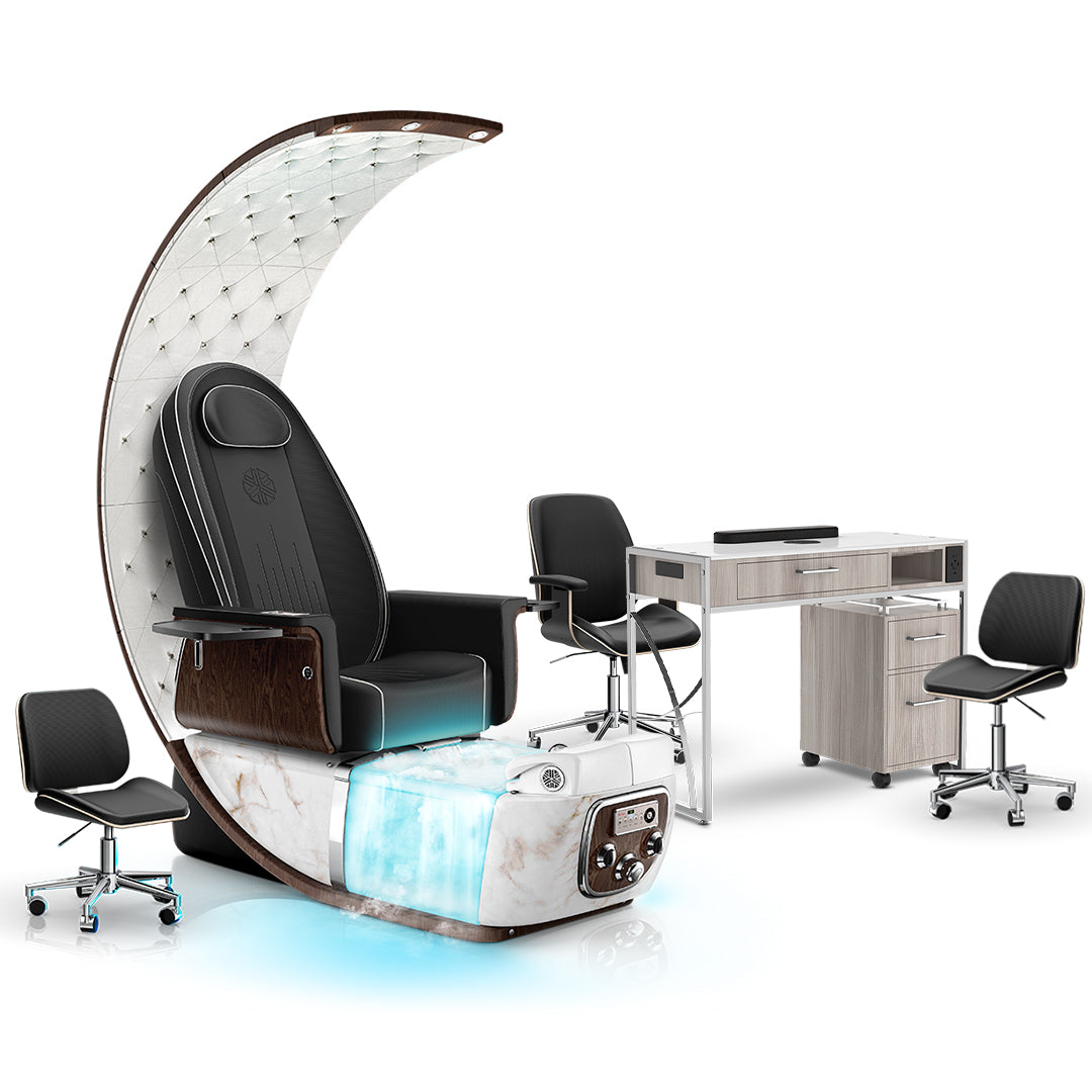 Noir-pr-White Moonstone-Hazel Lexor PRIVÉ Lounge Pedicure Chair  with Thera-Mist and Matching PRIVÉ Nail Table Set