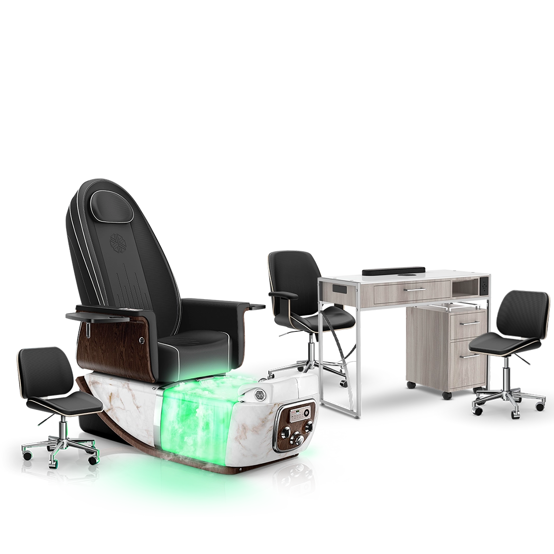 Noir-pr-White Moonstone-Hazel Lexor PRIVÉ ONE Pedicure Chair with Thera-Mist and Matching PRIVÉ Nail Table Set
