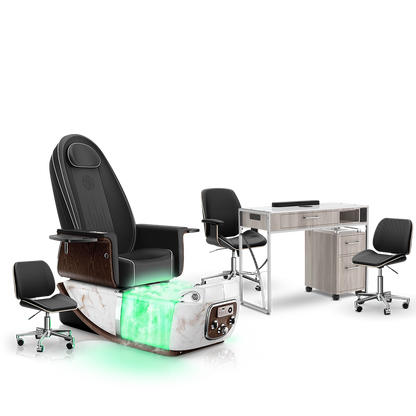 Noir-pr-White Moonstone-Hazel Lexor PRIVÉ ONE Pedicure Chair with Thera-Mist and Matching PRIVÉ Nail Table Set