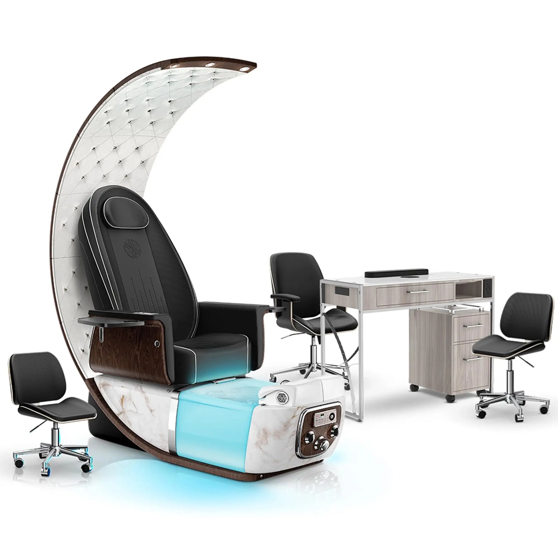 Noir-pr-White Moonstone-Hazel Lexor PRIVÉ Lounge Pedicure Chair and Matching PRIVÉ Nail Table Set