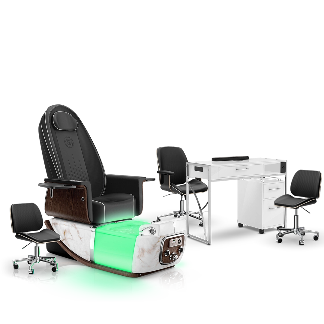 Noir-pr-White Moonstone-White Lexor PRIVÉ ONE Pedicure Chair and Matching PRIVÉ Nail Table Set
