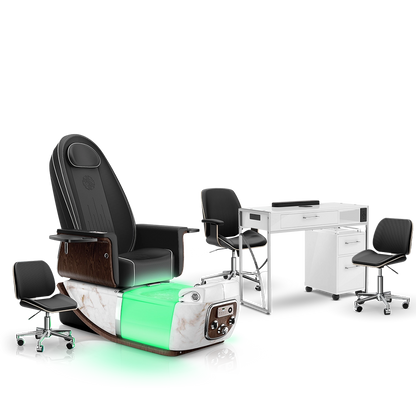Noir-pr-White Moonstone-White Lexor PRIVÉ ONE Pedicure Chair and Matching PRIVÉ Nail Table Set