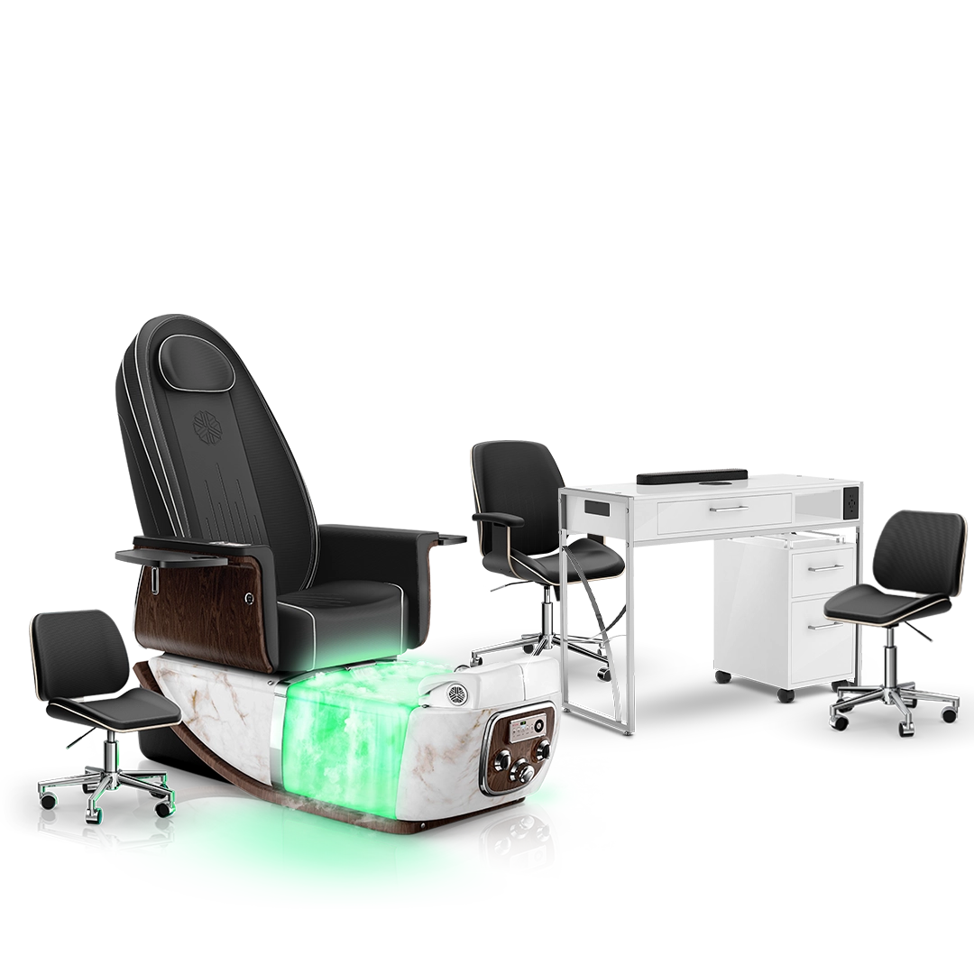 Noir-pr-White Moonstone-White Lexor PRIVÉ ONE Pedicure Chair with Thera-Mist and Matching PRIVÉ Nail Table Set