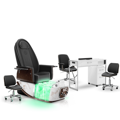 Noir-pr-White Moonstone-White Lexor PRIVÉ ONE Pedicure Chair with Thera-Mist and Matching PRIVÉ Nail Table Set