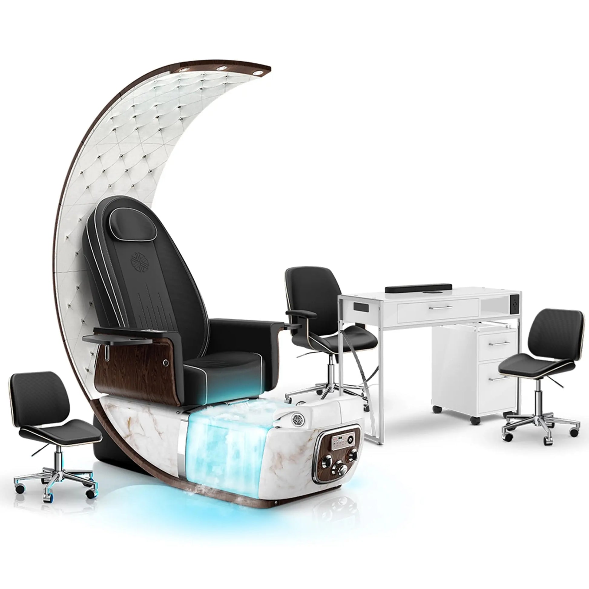 Noir-pr-White Moonstone-White Lexor PRIVÉ Lounge Pedicure Chair  with Thera-Mist and Matching PRIVÉ Nail Table Set