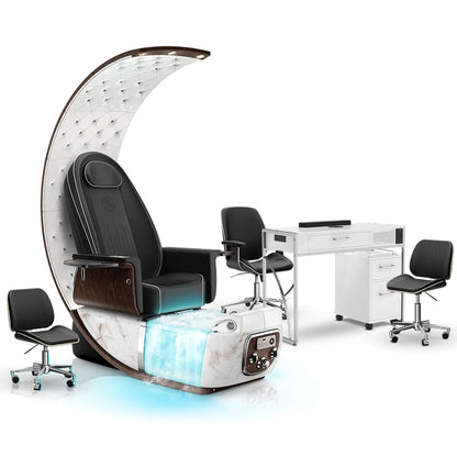 Noir-pr-White Moonstone-White Lexor PRIVÉ Lounge Pedicure Chair  with Thera-Mist and Matching PRIVÉ Nail Table Set