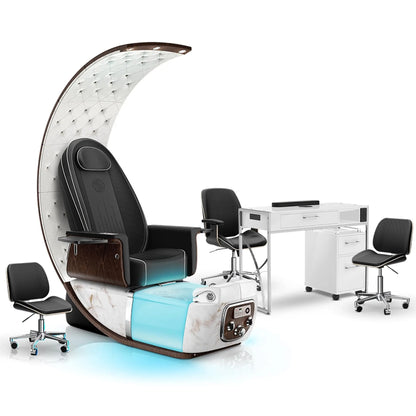 Noir-pr-White Moonstone-White Lexor PRIVÉ Lounge Pedicure Chair and Matching PRIVÉ Nail Table Set