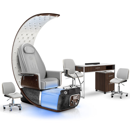 Platinum-pr-Black Moonstone-Dark Walnut Lexor PRIVÉ Lounge Pedicure Chair and Matching PRIVÉ Nail Table Set