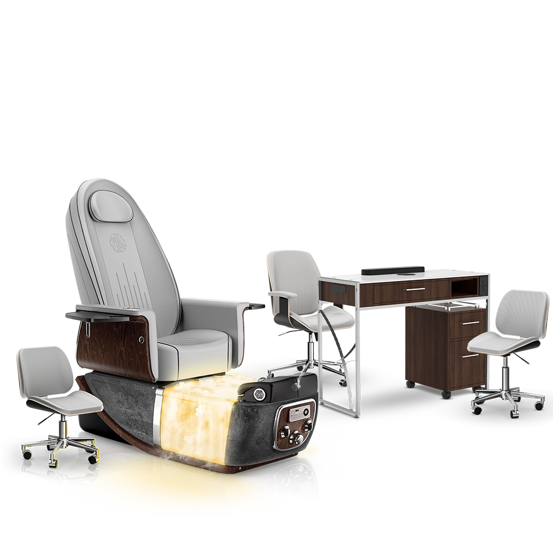 Platinum-pr-Black Moonstone-Dark Walnut Lexor PRIVÉ ONE Pedicure Chair with Thera-Mist and Matching PRIVÉ Nail Table Set