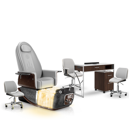Platinum-pr-Black Moonstone-Dark Walnut Lexor PRIVÉ ONE Pedicure Chair with Thera-Mist and Matching PRIVÉ Nail Table Set