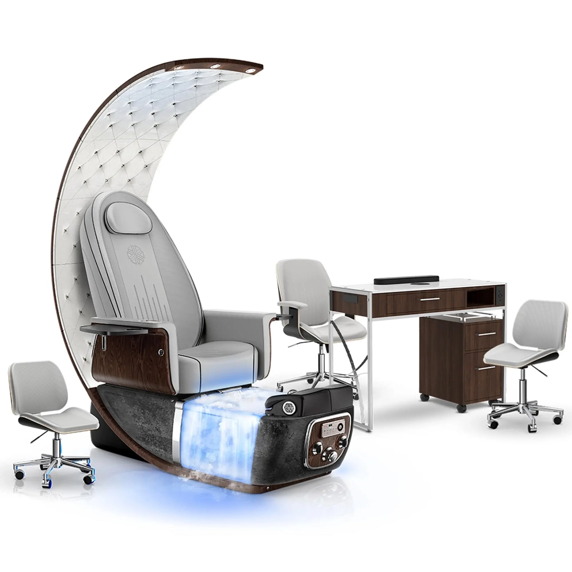 Platinum-pr-Black Moonstone-Dark Walnut Lexor PRIVÉ Lounge Pedicure with Thera-Mist Chair and Matching PRIVÉ Nail Table Set