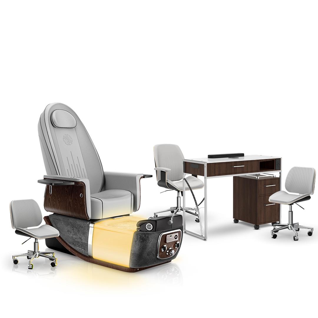 Platinum-pr-Black Moonstone-Dark Walnut Lexor PRIVÉ ONE Pedicure Chair and Matching PRIVÉ Nail Table Set