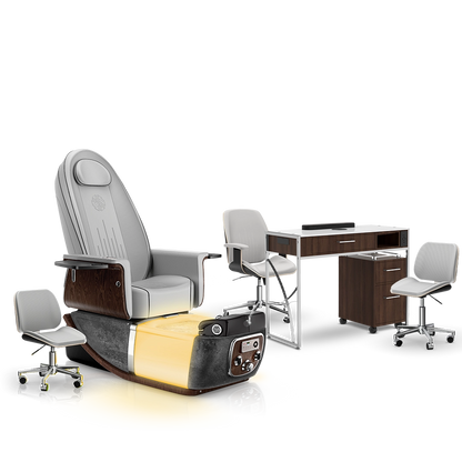 Platinum-pr-Black Moonstone-Dark Walnut Lexor PRIVÉ ONE Pedicure Chair and Matching PRIVÉ Nail Table Set