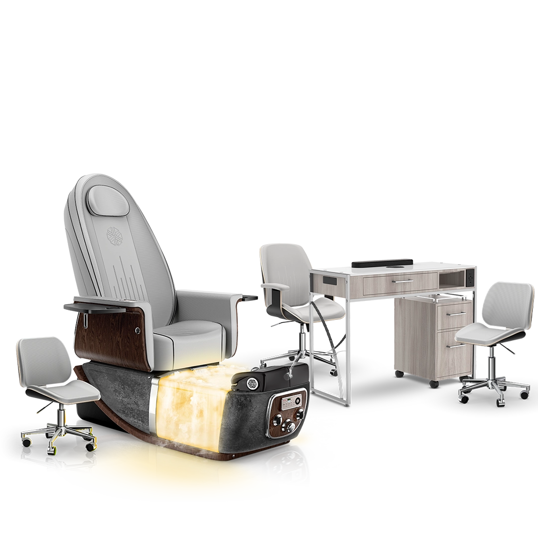 Platinum-pr-Black Moonstone-Hazel Lexor PRIVÉ ONE Pedicure Chair with Thera-Mist and Matching PRIVÉ Nail Table Set