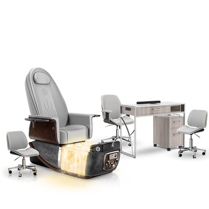 Platinum-pr-Black Moonstone-Hazel Lexor PRIVÉ ONE Pedicure Chair with Thera-Mist and Matching PRIVÉ Nail Table Set