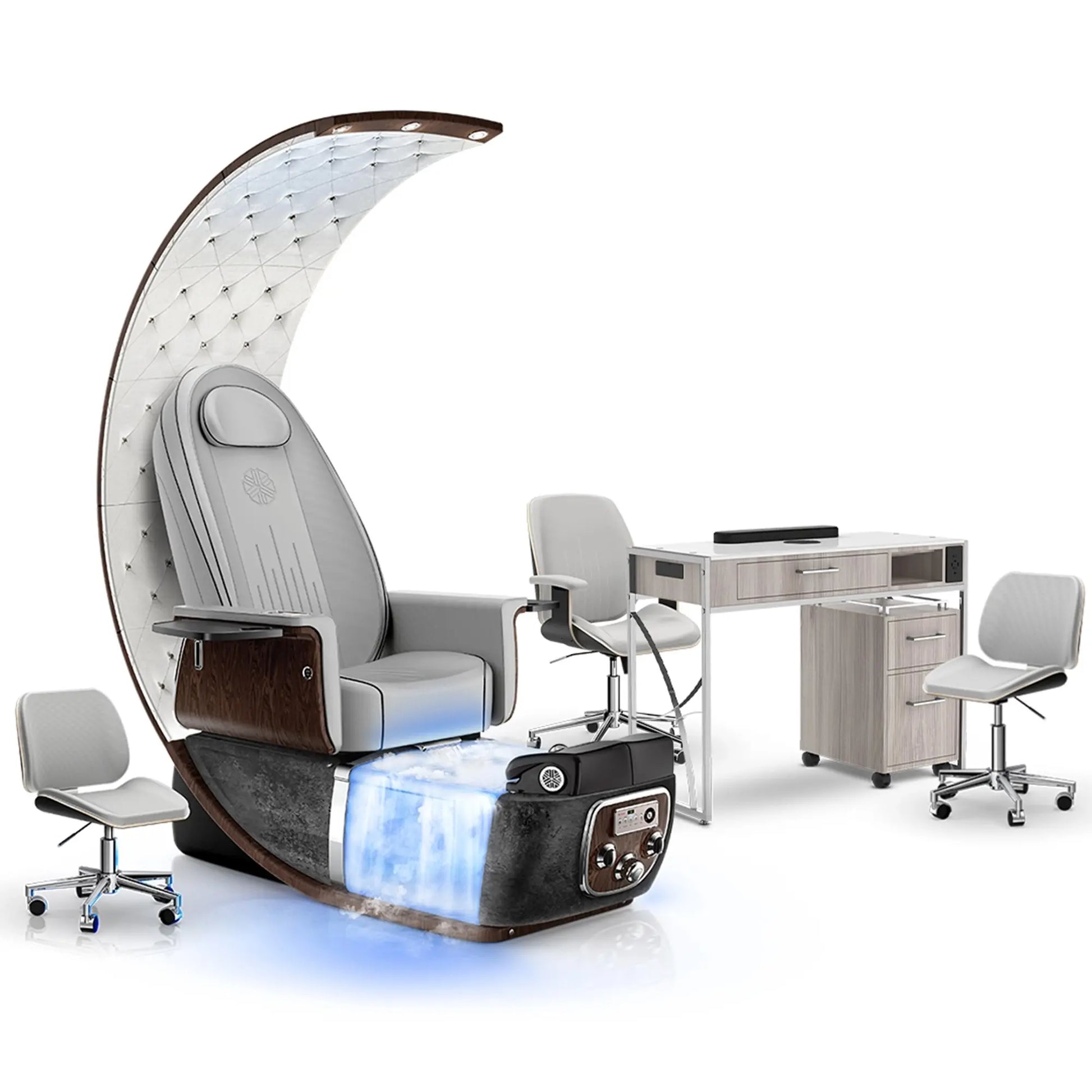 Platinum-pr-Black Moonstone-Hazel Lexor PRIVÉ Lounge Pedicure with Thera-Mist Chair and Matching PRIVÉ Nail Table Set