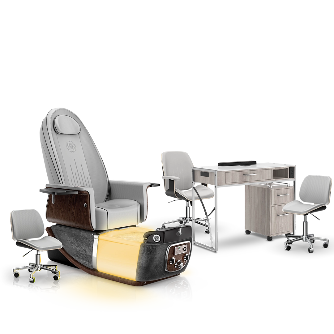 Platinum-pr-Black Moonstone-Dark Walnut Lexor PRIVÉ ONE Pedicure Chair and Matching PRIVÉ Nail Table Set
