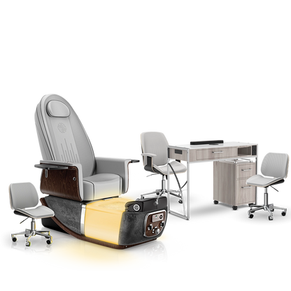 Platinum-pr-Black Moonstone-Dark Walnut Lexor PRIVÉ ONE Pedicure Chair and Matching PRIVÉ Nail Table Set