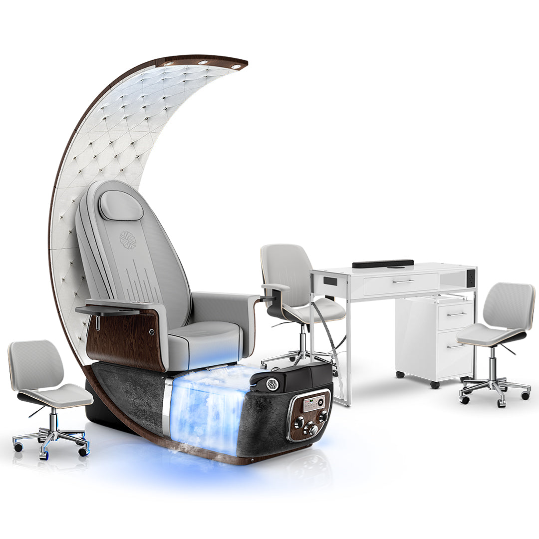 Platinum-pr-Black Moonstone-White Lexor PRIVÉ Lounge Pedicure Chair  with Thera-Mist and Matching PRIVÉ Nail Table Set