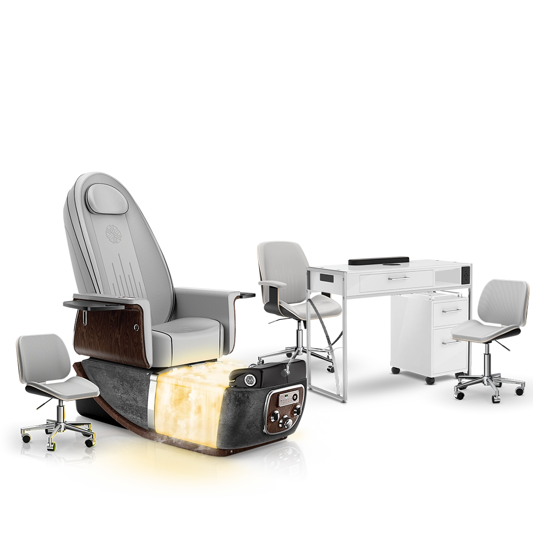 Platinum-pr-Black Moonstone-White Lexor PRIVÉ ONE Pedicure Chair with Thera-Mist and Matching PRIVÉ Nail Table Set