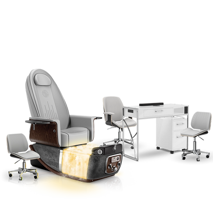 Platinum-pr-Black Moonstone-White Lexor PRIVÉ ONE Pedicure Chair with Thera-Mist and Matching PRIVÉ Nail Table Set