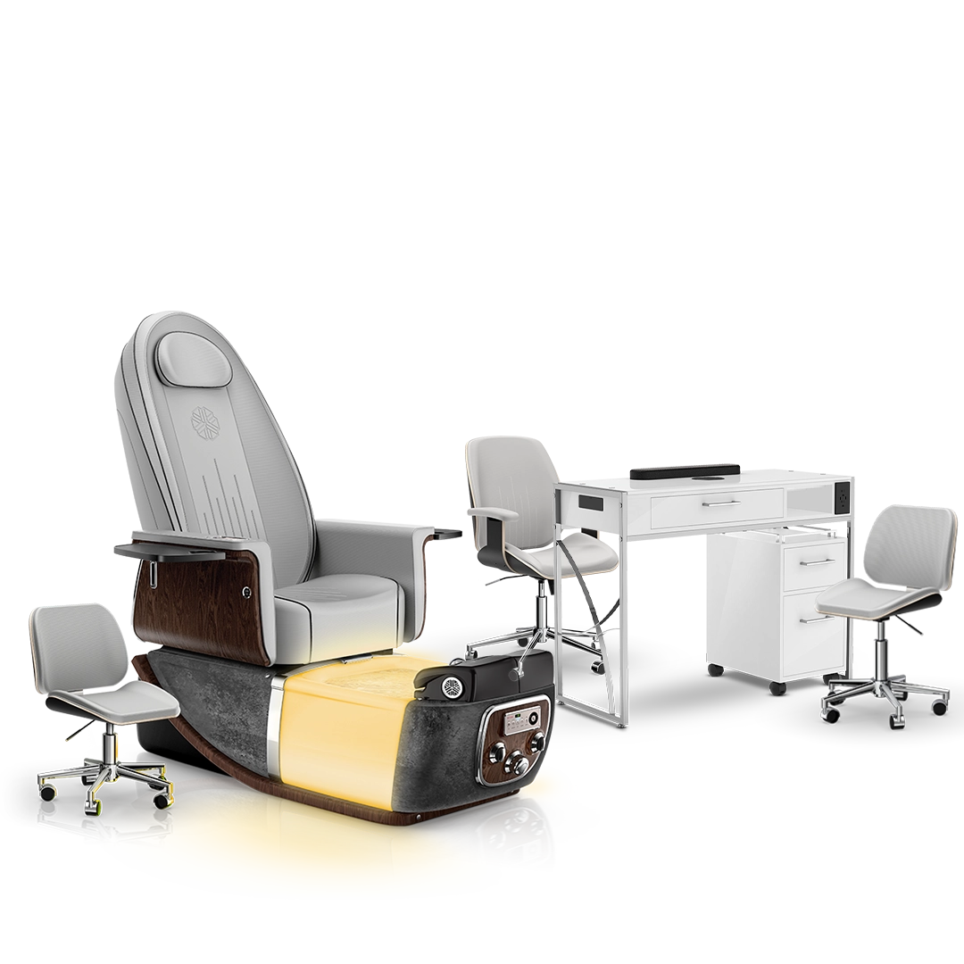 Platinum-pr-Black Moonstone-White Lexor PRIVÉ ONE Pedicure Chair and Matching PRIVÉ Nail Table Set