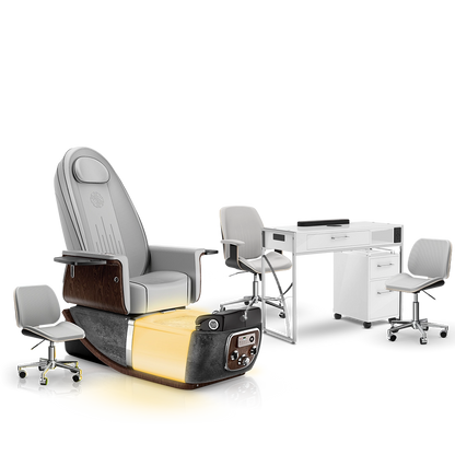 Platinum-pr-Black Moonstone-White Lexor PRIVÉ ONE Pedicure Chair and Matching PRIVÉ Nail Table Set