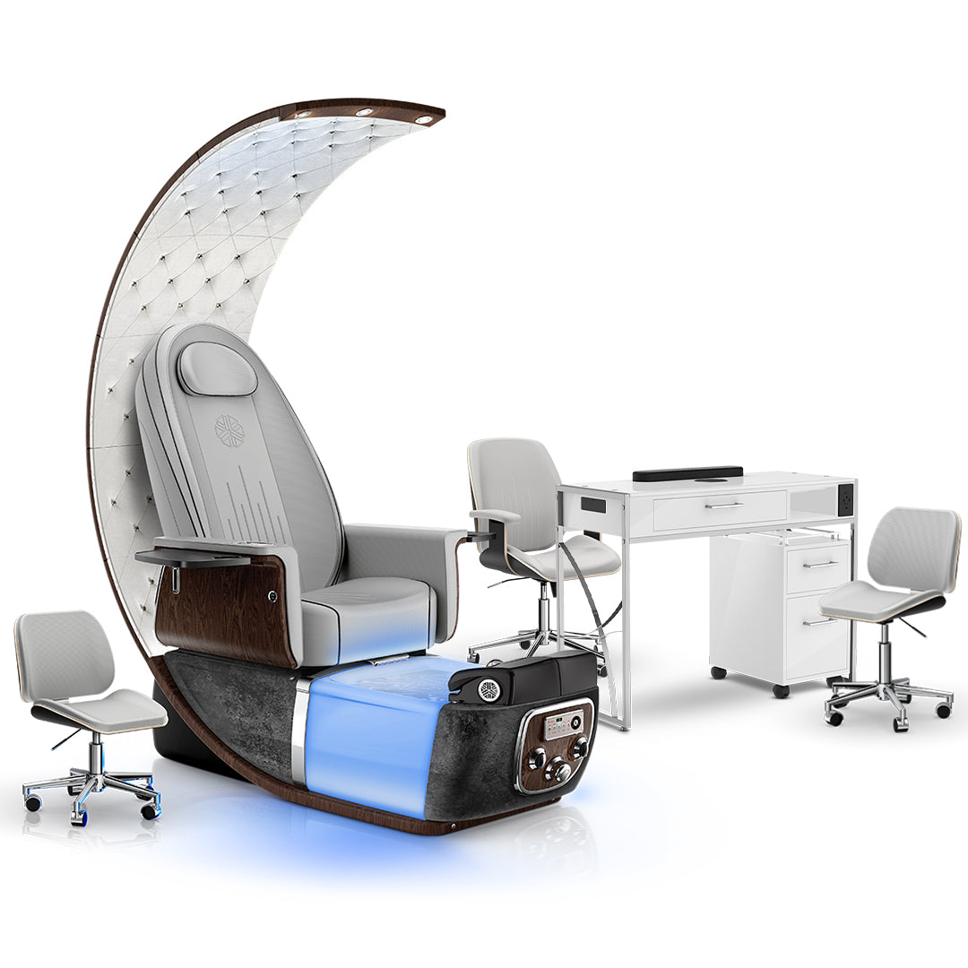 Platinum-pr-Black Moonstone-White Lexor PRIVÉ Lounge Pedicure Chair and Matching PRIVÉ Nail Table Set