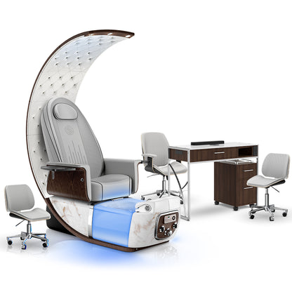 Platinum-pr-White Moonstone-Dark Walnut Lexor PRIVÉ Lounge Pedicure Chair and Matching PRIVÉ Nail Table Set