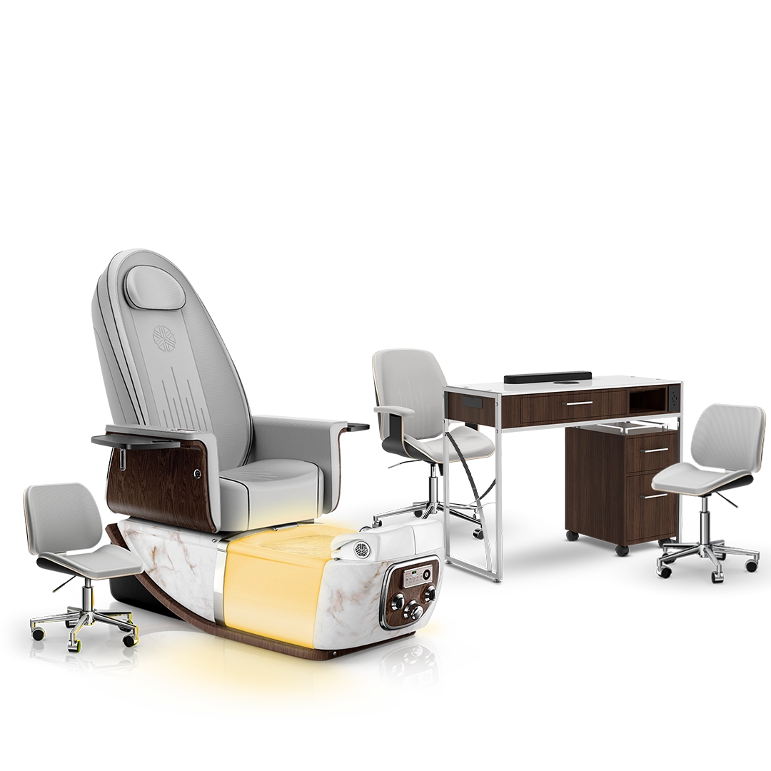 Platinum-pr-White Moonstone-Dark Walnut Lexor PRIVÉ ONE Pedicure Chair and Matching PRIVÉ Nail Table Set