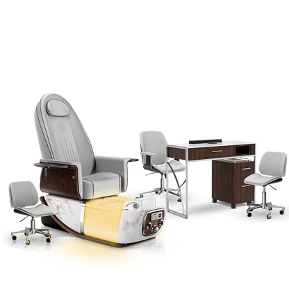 Platinum-pr-White Moonstone-Dark Walnut Lexor PRIVÉ ONE Pedicure Chair and Matching PRIVÉ Nail Table Set