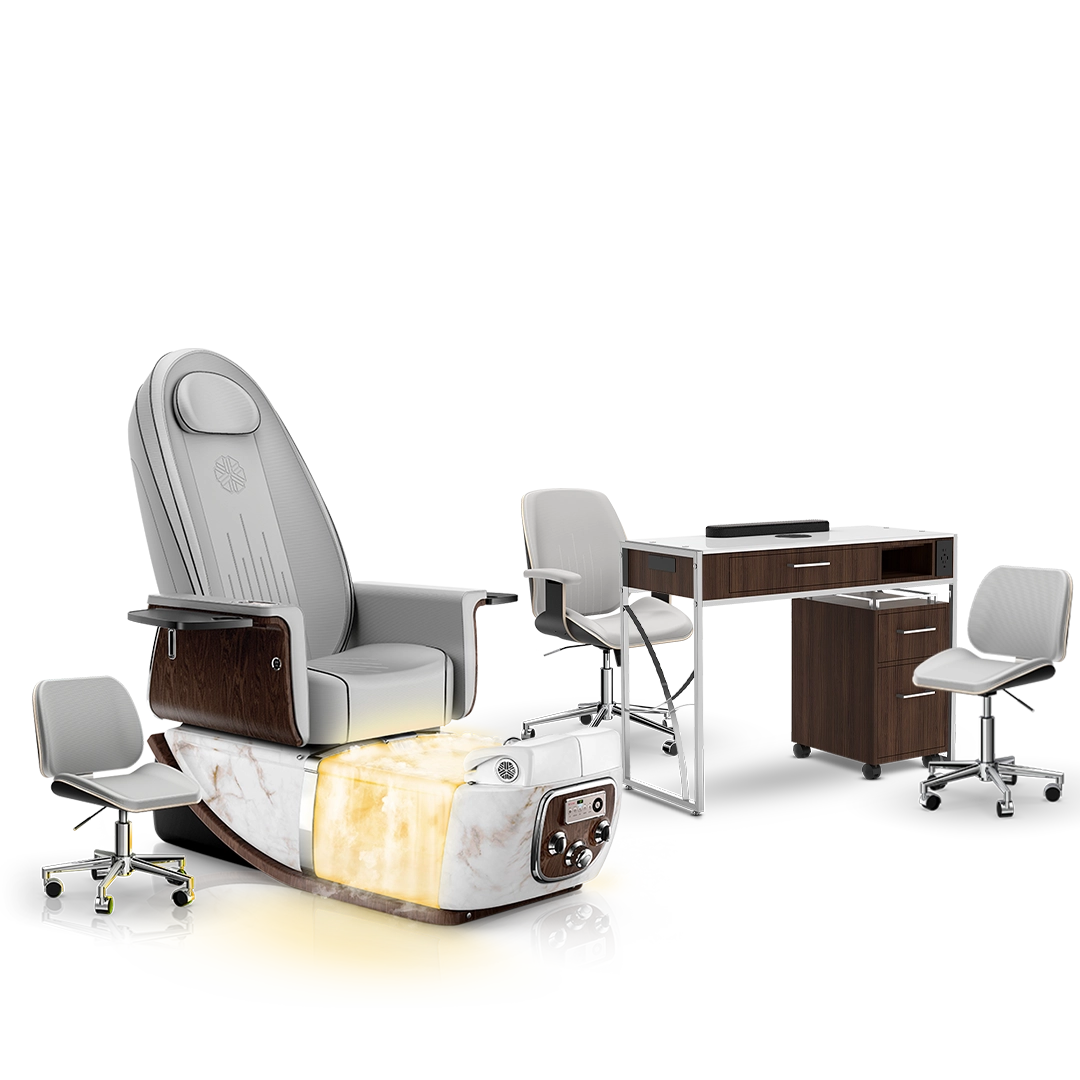 Platinum-pr-White Moonstone-Dark Walnut Lexor PRIVÉ ONE Pedicure Chair with Thera-Mist and Matching PRIVÉ Nail Table Set