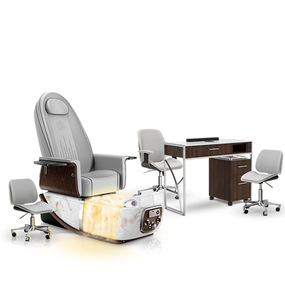 Platinum-pr-White Moonstone-Dark Walnut Lexor PRIVÉ ONE Pedicure Chair with Thera-Mist and Matching PRIVÉ Nail Table Set