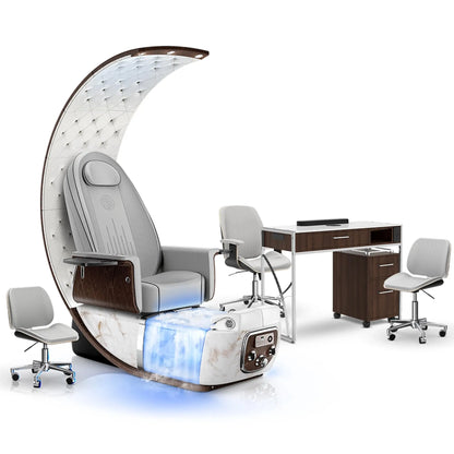 Platinum-pr-White Moonstone-Dark Walnut Lexor PRIVÉ Lounge Pedicure with Thera-Mist Chair and Matching PRIVÉ Nail Table Set
