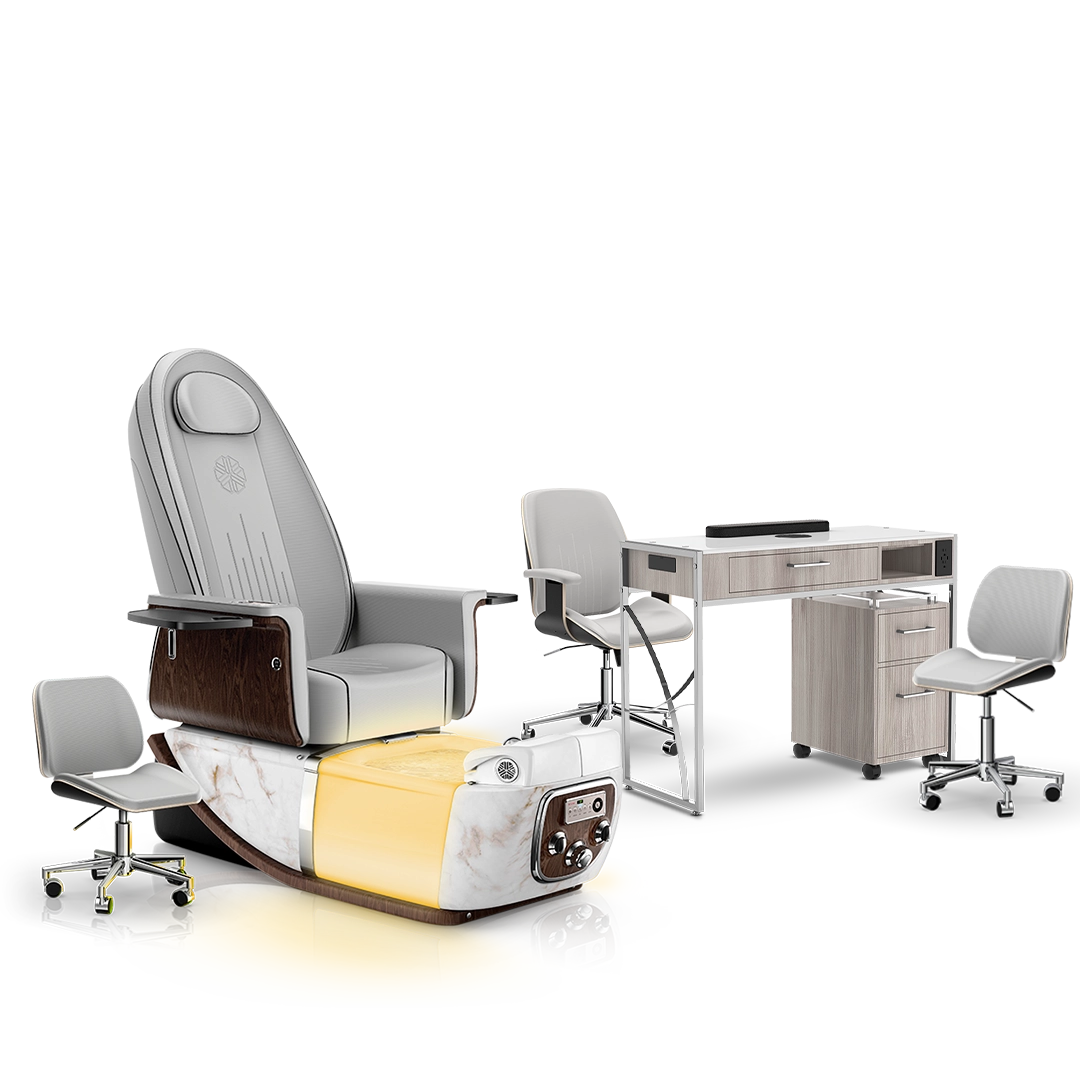 Platinum-pr-White Moonstone-Hazel Lexor PRIVÉ ONE Pedicure Chair and Matching PRIVÉ Nail Table Set