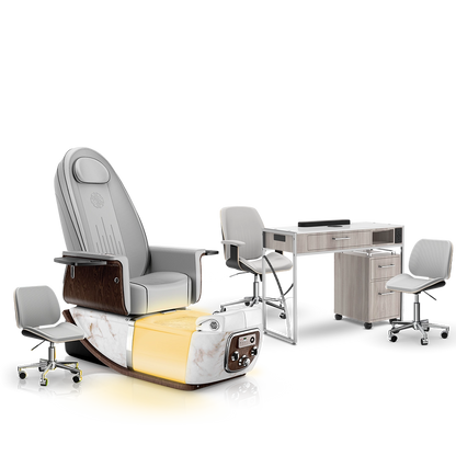 Platinum-pr-White Moonstone-Hazel Lexor PRIVÉ ONE Pedicure Chair and Matching PRIVÉ Nail Table Set