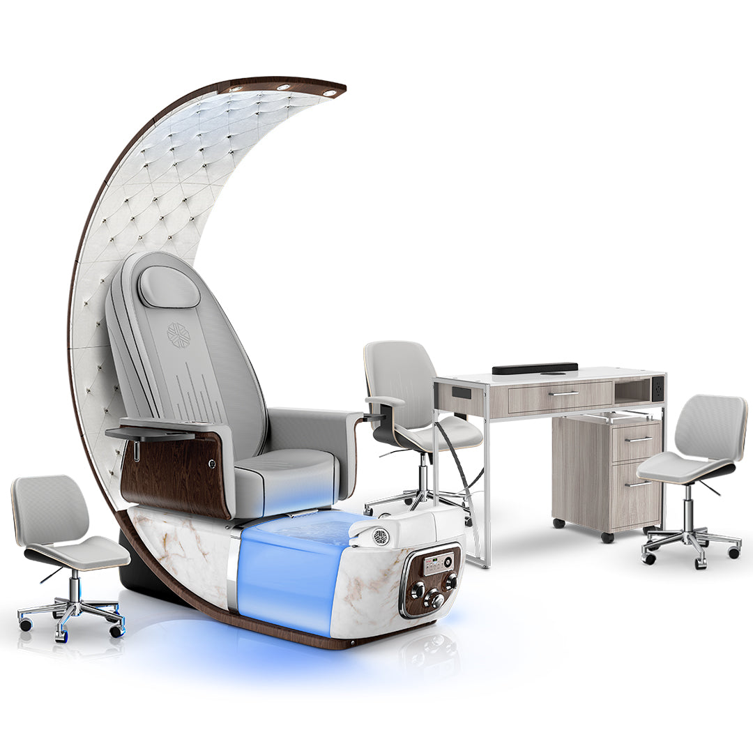 Platinum-pr-White Moonstone-Hazel Lexor PRIVÉ Lounge Pedicure Chair and Matching PRIVÉ Nail Table Set