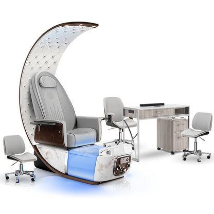 Platinum-pr-White Moonstone-Hazel Lexor PRIVÉ Lounge Pedicure Chair and Matching PRIVÉ Nail Table Set
