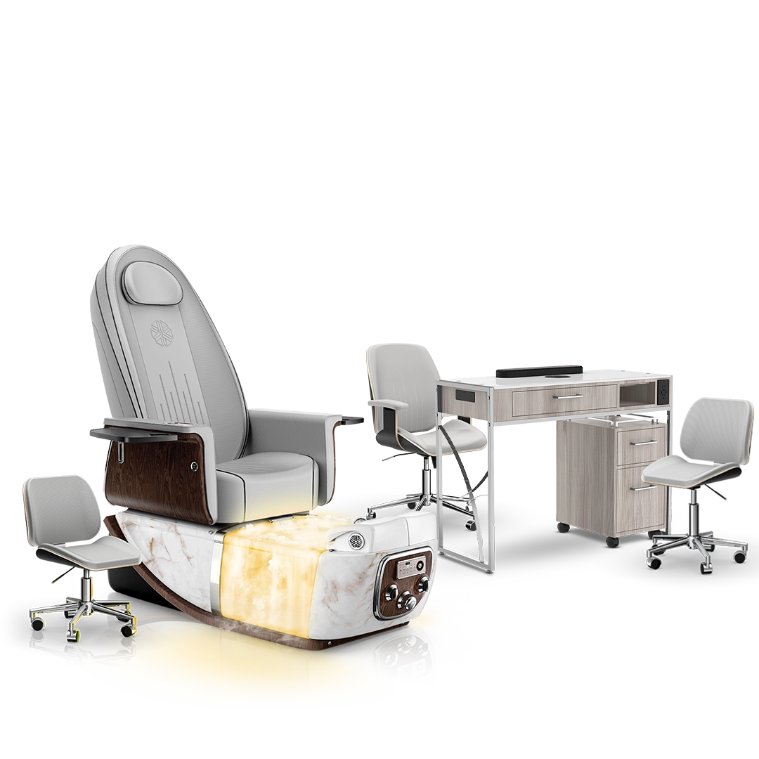 Platinum-pr-White Moonstone-Hazel Lexor PRIVÉ ONE Pedicure Chair with Thera-Mist and Matching PRIVÉ Nail Table Set