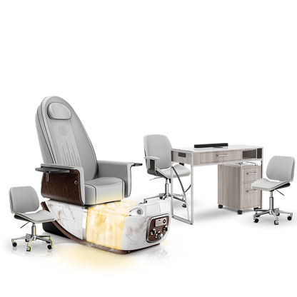 Platinum-pr-White Moonstone-Hazel Lexor PRIVÉ ONE Pedicure Chair with Thera-Mist and Matching PRIVÉ Nail Table Set