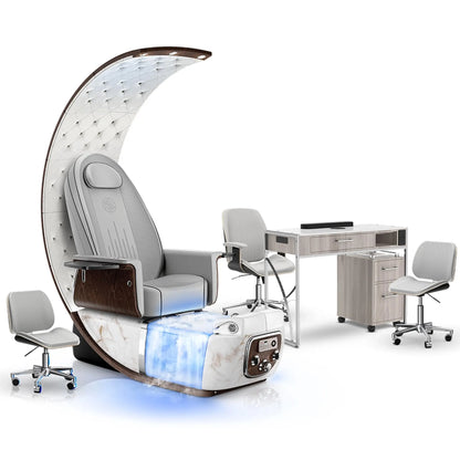 Platinum-pr-White Moonstone-Hazel Lexor PRIVÉ Lounge Pedicure with Thera-Mist Chair and Matching PRIVÉ Nail Table Set