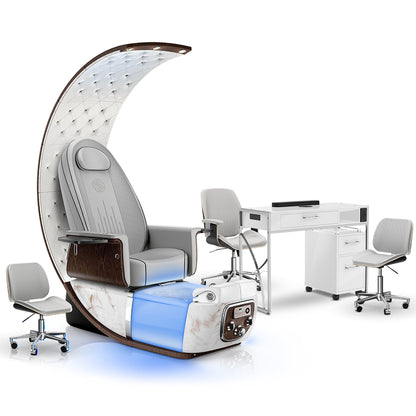 Platinum-pr-White Moonstone-White Lexor PRIVÉ Lounge Pedicure Chair and Matching PRIVÉ Nail Table Set