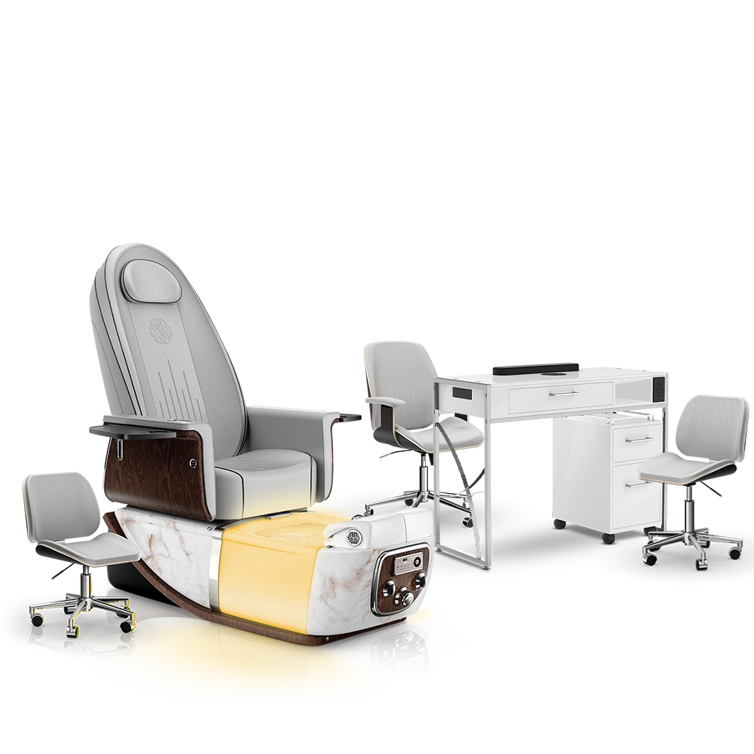 Platinum-pr-White Moonstone-White Lexor PRIVÉ ONE Pedicure Chair and Matching PRIVÉ Nail Table Set