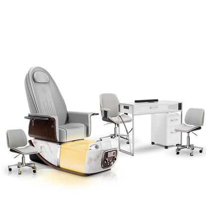 Platinum-pr-White Moonstone-White Lexor PRIVÉ ONE Pedicure Chair and Matching PRIVÉ Nail Table Set