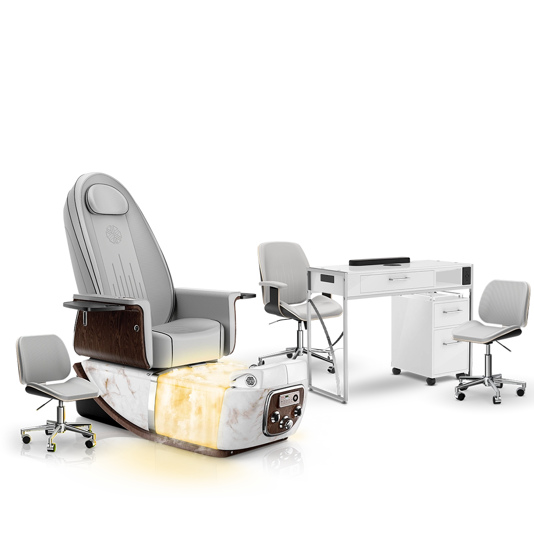 Platinum-pr-White Moonstone-White Lexor PRIVÉ ONE Pedicure Chair with Thera-Mist and Matching PRIVÉ Nail Table Set