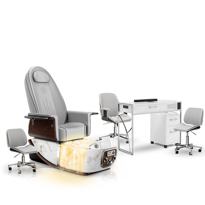 Platinum-pr-White Moonstone-White Lexor PRIVÉ ONE Pedicure Chair with Thera-Mist and Matching PRIVÉ Nail Table Set
