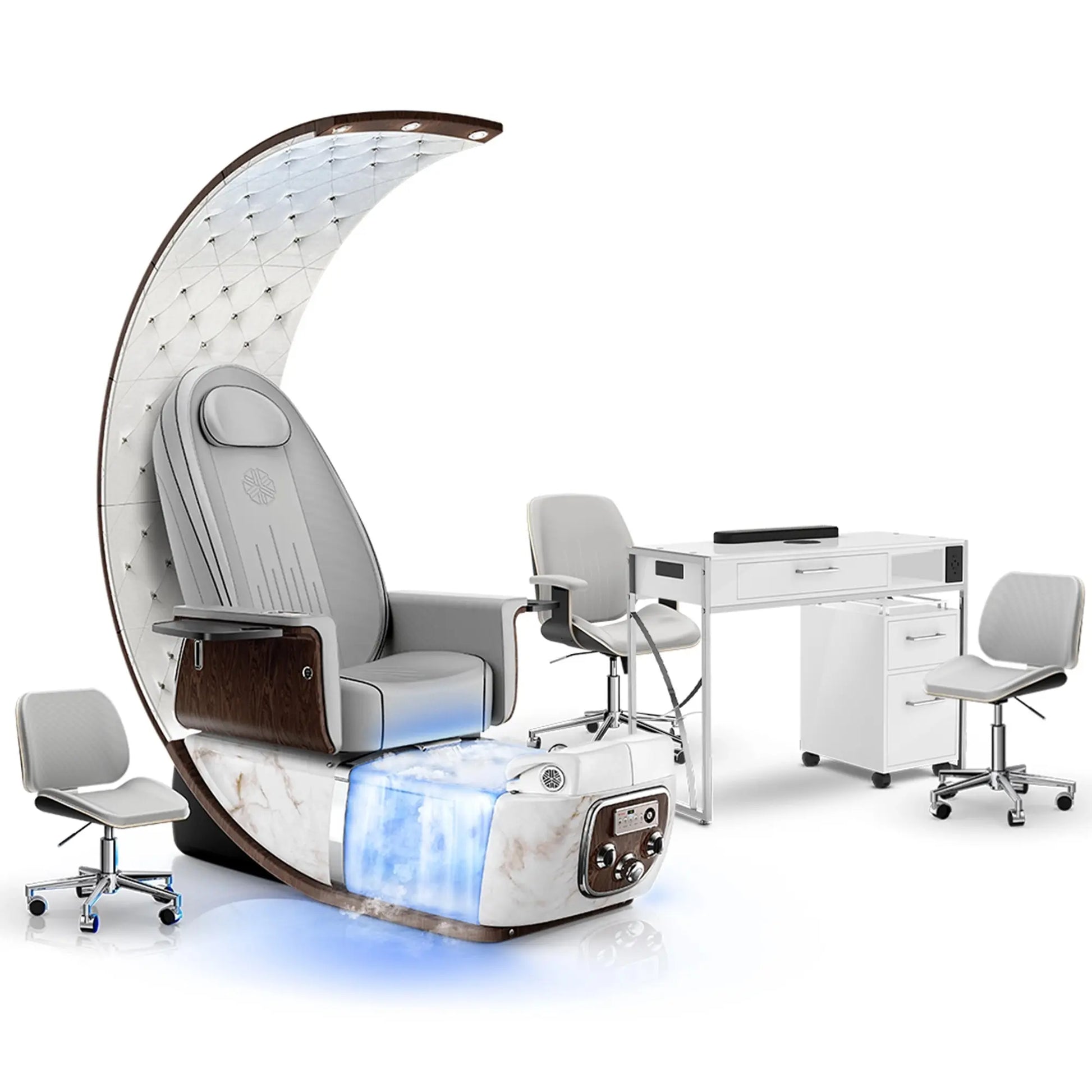 Platinum-pr-White Moonstone-White Lexor PRIVÉ Lounge Pedicure with Thera-Mist Chair and Matching PRIVÉ Nail Table Set