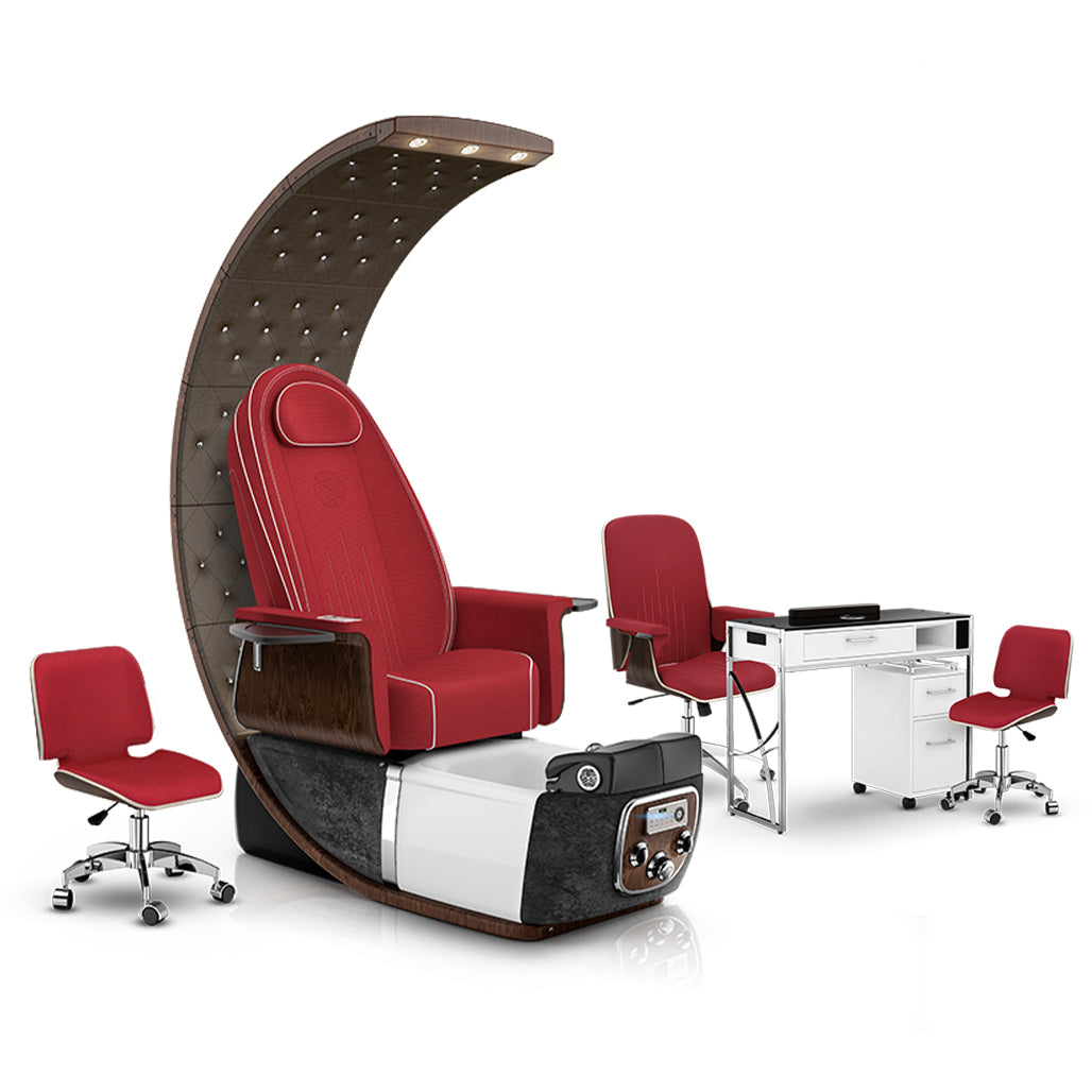 PRIVÉ Lounge Pedicure Scarlet Cushion, Black Moonstone Base, White PRIVÉ Matching Table Set
