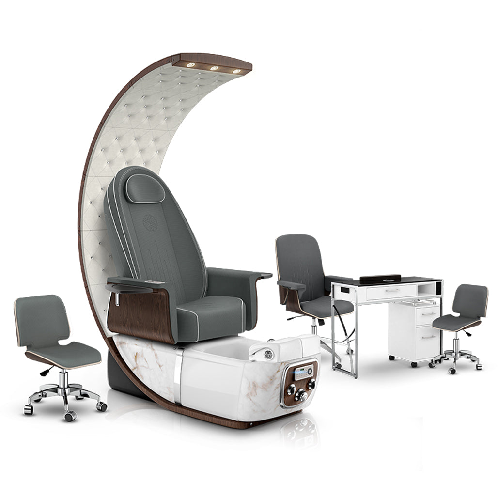 PRIVÉ Lounge Pedicure Graphite Cushion, White Moonstone Base, White PRIVÉ Matching Table Set